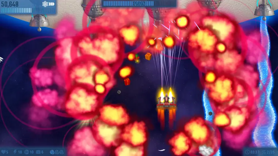 Space battle with explosions in Chicken Invaders Universe